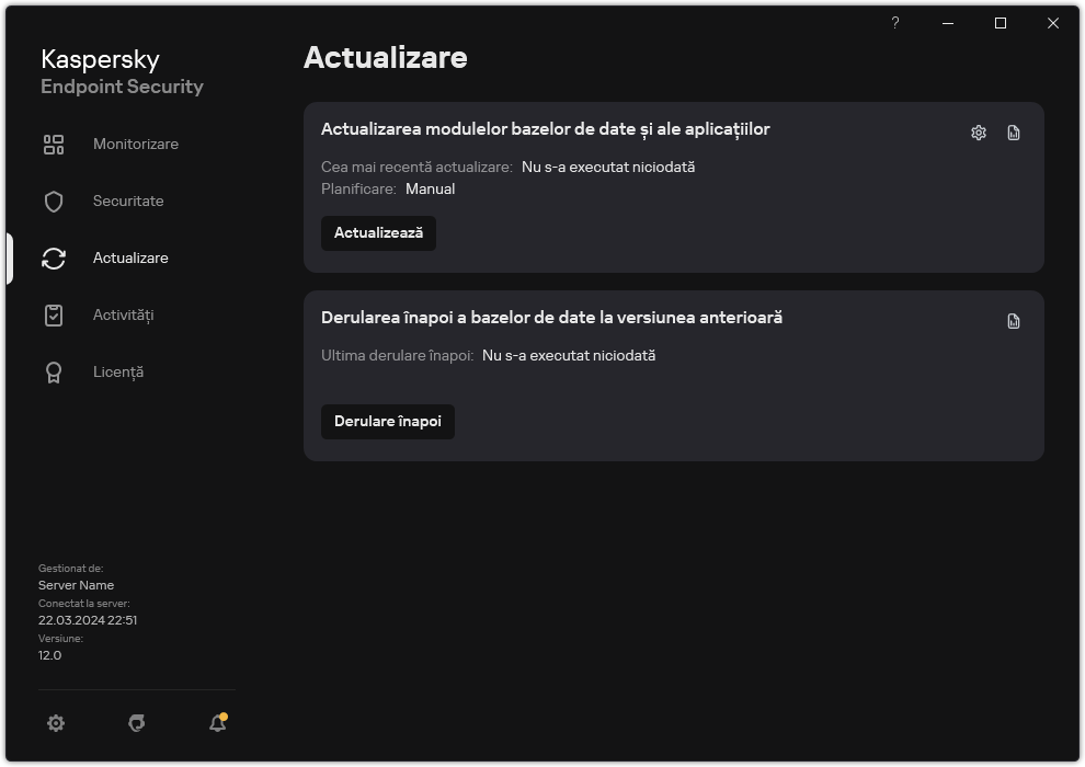 O fereastră cu lista activități de actualizare locale. Utilizatorul poate începe actualizarea modulelor bazelor de date și ale aplicațiilor, precum și derularea înapoi a ultimei actualizări.
