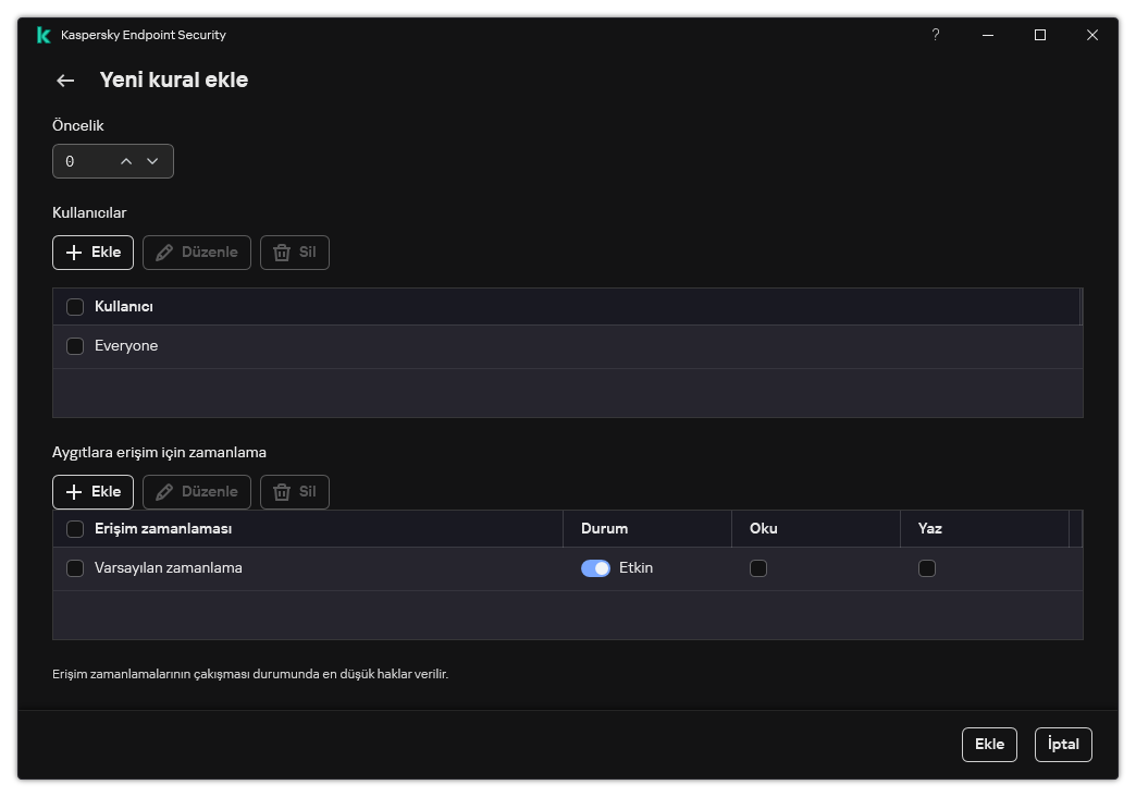 Aygıt Denetimi kuralı yapılandırma penceresi. Kullanıcı kural önceliğini atayabilir, kurala kullanıcılar ekleyebilir ve kural zamanlamasını ayarlayabilir.