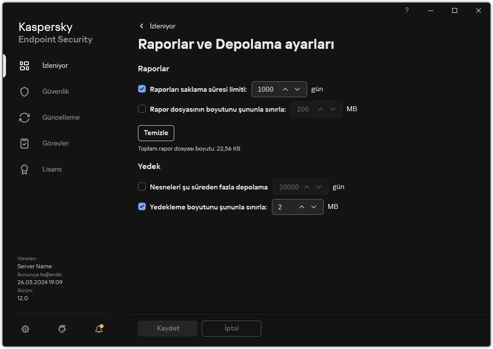 Raporlar ve Depolama ayarları penceresi. Kullanıcı, depodaki raporların ve nesnelerin boyutunu ayarlayabilir ve saklama süresini sınırlayabilir.