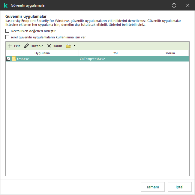 Güvenilir uygulamaların listesini içeren bir pencere. Kullanıcı, güvenilir bir uygulamayı ekleyebilir, düzenleyebilir veya kaldırabilir.