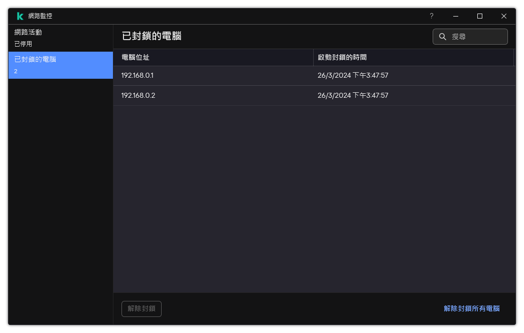 帶有被封鎖電腦清單的網路監控視窗。您可以取消封鎖個別電腦或所有電腦。