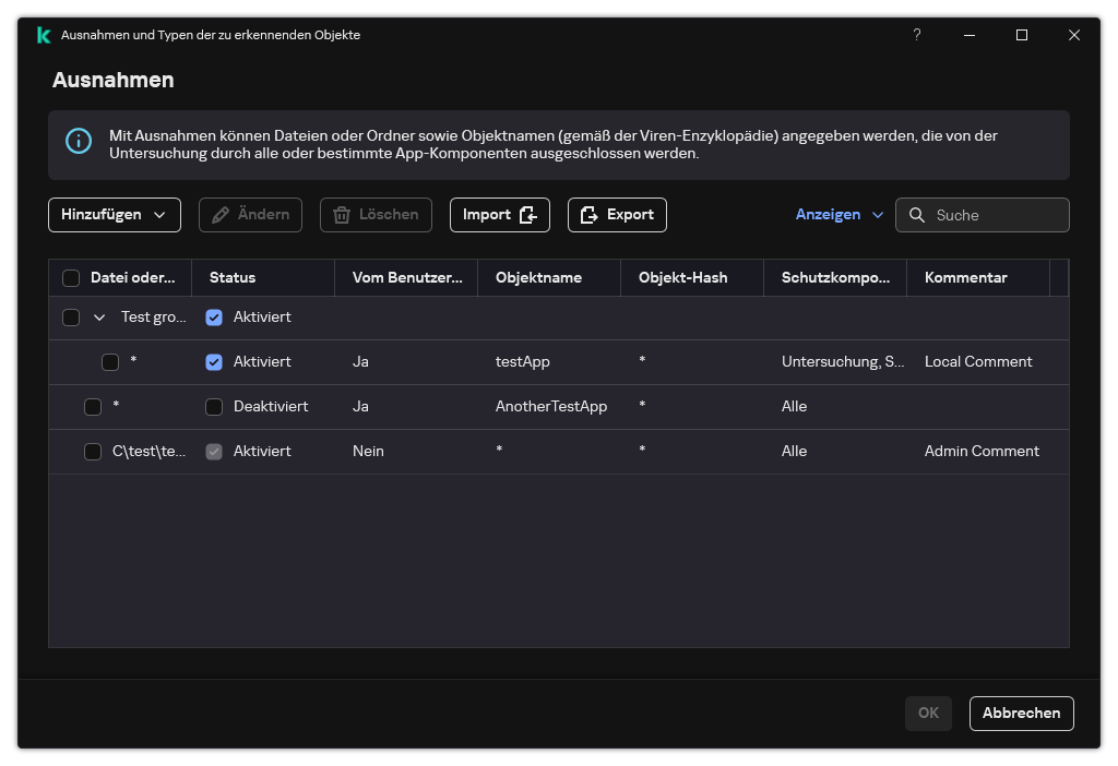 Ein Fenster mit der Liste der Ausnahmen. Die Eigenschaften der Ausnahme werden angezeigt. Der Benutzer kann Ausnahmen hinzufügen, bearbeiten oder löschen.