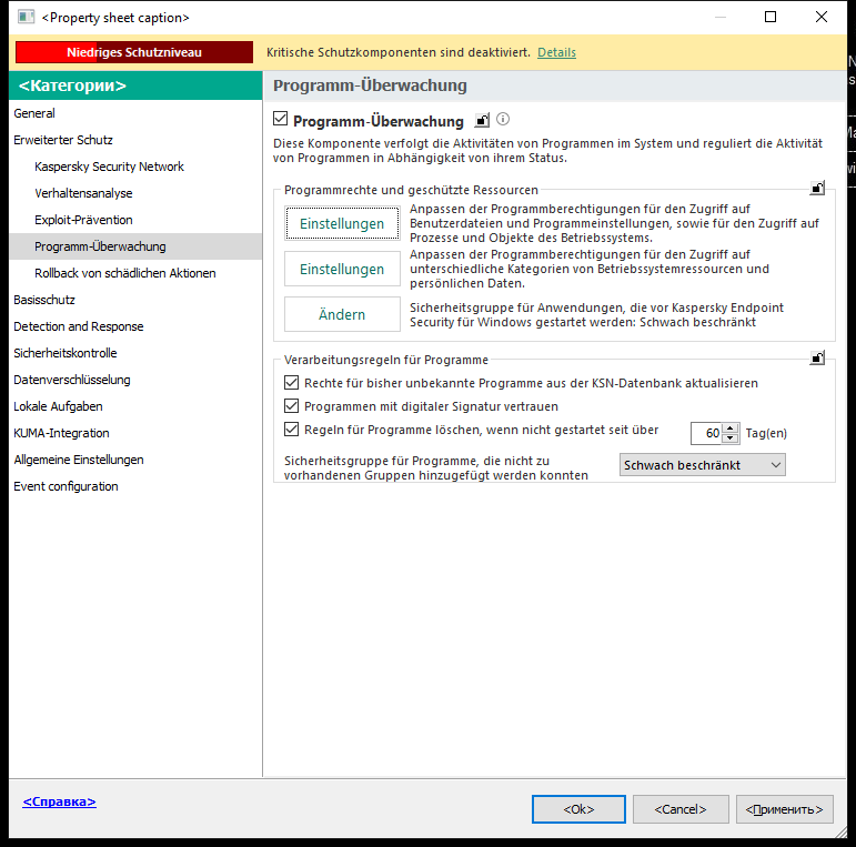 Fenster &bdquo;Einstellungen der Programm-Überwachung&ldquo;.