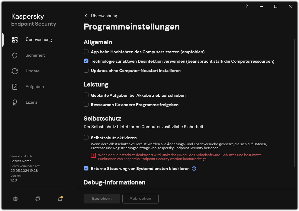Fenster mit den App-Einstellungen. Der Benutzer kann Leistung, Selbstschutz und sonstige Einstellungen konfigurieren.
