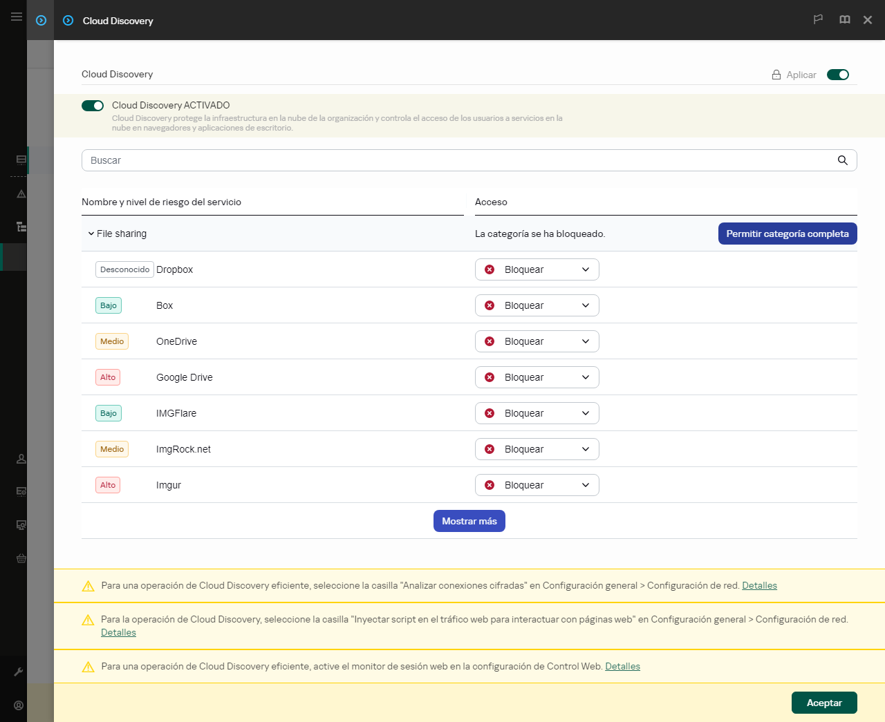 Ventana de configuración de Cloud Discovery. El usuario puede configurar el acceso de los usuarios a los servicios en la nube.