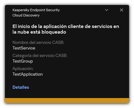 Notificación de bloqueo de servicios en la nube. El usuario puede ver información detallada sobre la regla.