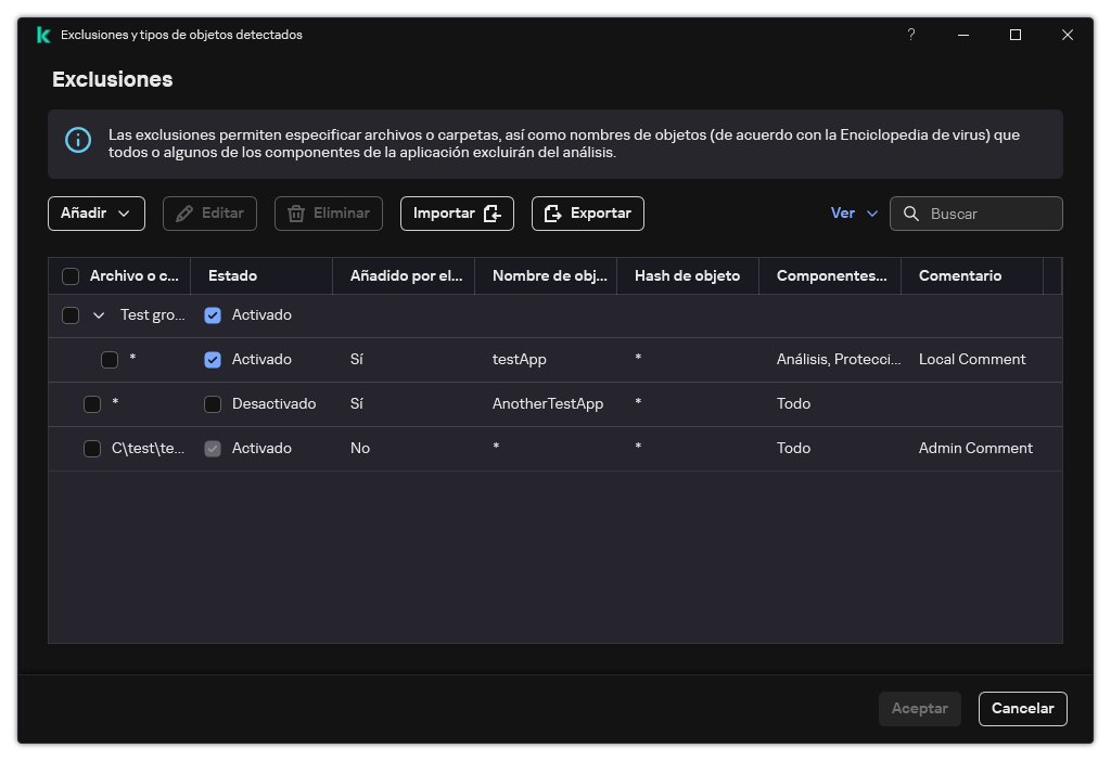 Una ventana con la lista de exclusiones. Se muestran las propiedades de exclusión. El usuario puede añadir, editar o eliminar exclusiones.