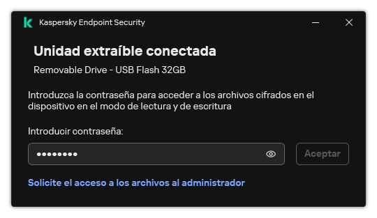 La ventana contiene un campo para introducir la contraseña. El usuario puede crear una solicitud de acceso al archivo.