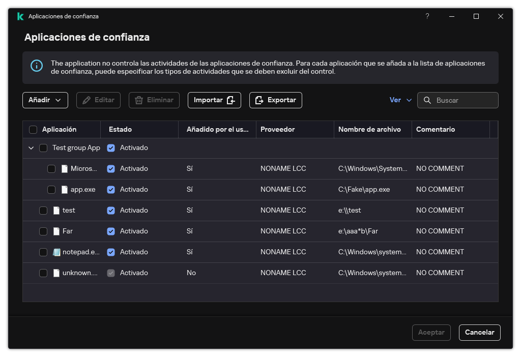 Una ventana con la lista de aplicaciones de confianza. El usuario puede agregar, editar o eliminar una aplicación de confianza.