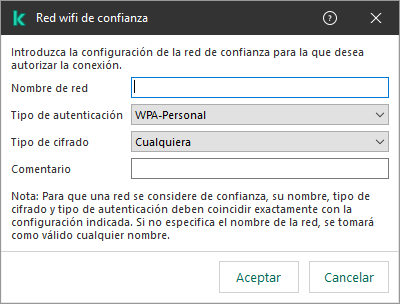La ventana contiene la configuración de la red wifi de confianza.