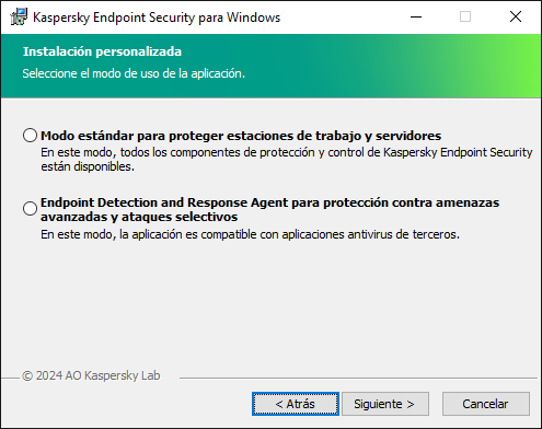 Ventana del instalador con la configuración de la aplicación: funcionalidad completa o Endpoint Detection and Response Agent.