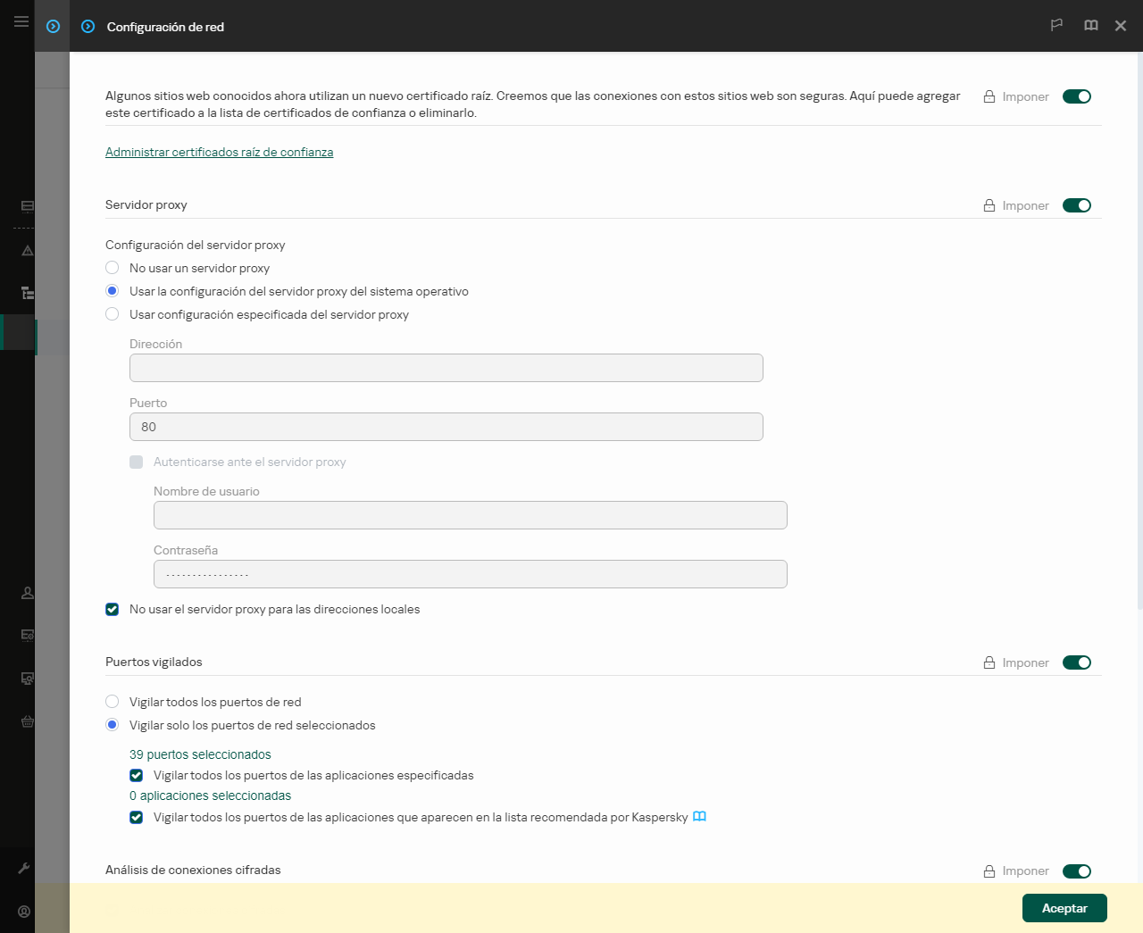 Ventana Configuración de red de la aplicación. El usuario puede configurar el servidor proxy.
