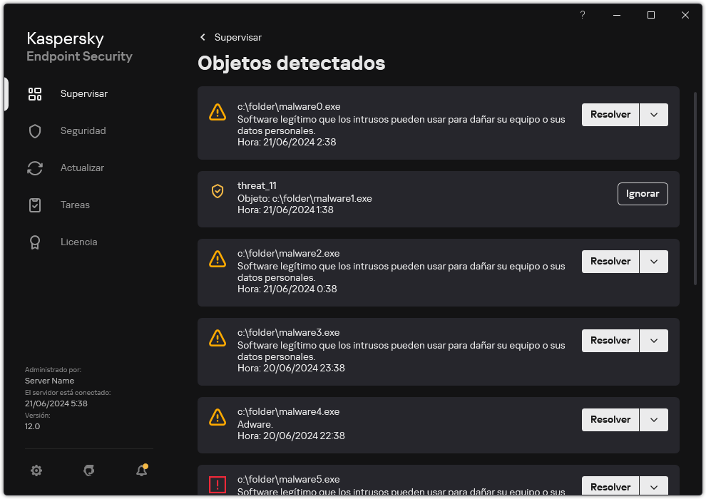 Una ventana con la lista de objetos detectados. Se muestra información sobre el objeto. El usuario puede resolver o quitar el objeto.