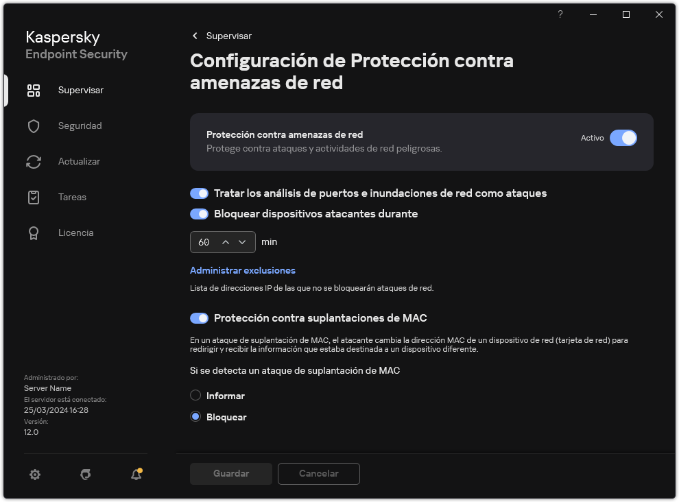 Ventana de configuración de Protección contra amenazas de red