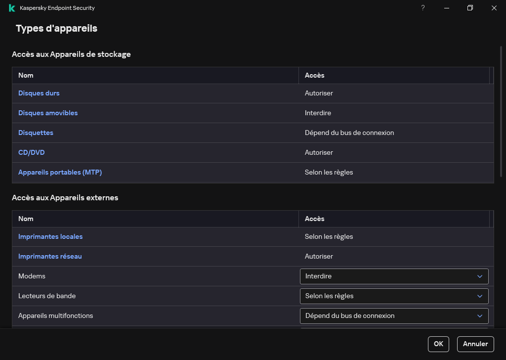 Fenêtre de configuration de l'accès aux appareils. L'utilisateur peut configurer l'accès aux appareils et définir des paramètres d'accès supplémentaires, tels que le calendrier d'accès.