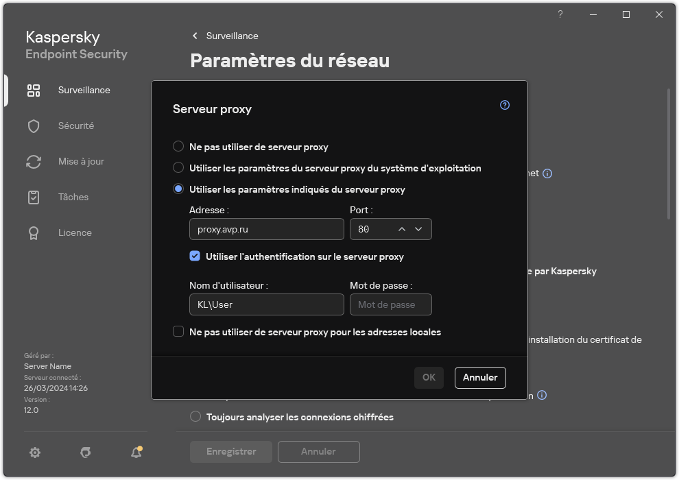 La fenêtre de configuration de la connexion au serveur proxy. L'utilisateur peut définir l'adresse du serveur proxy et les identifiants pour se connecter au serveur proxy.