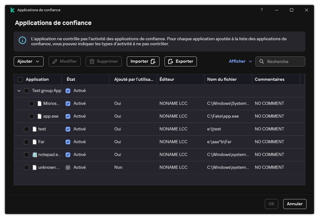 Une fenêtre avec la liste des applications de confiance. L'utilisateur peut ajouter, modifier ou supprimer une application de confiance.