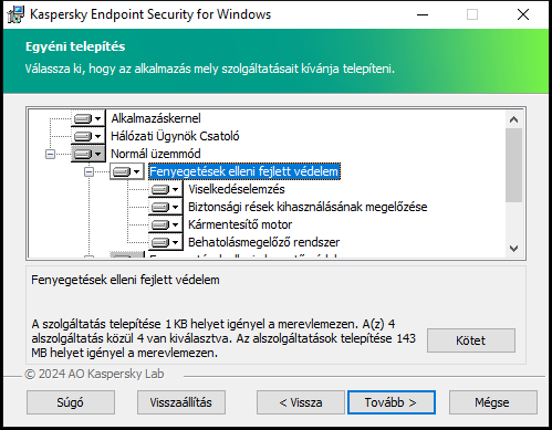 Telepítőablak azon összetevők listájával, amelyeket a felhasználó kiválaszthat.
