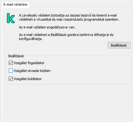 Kaspersky-bővítmény Outlookhoz ablak. A felhasználó beállíthatja, hogy az üzeneteket a rendszer fogadáskor, olvasáskor vagy küldéskor vizsgálja.
