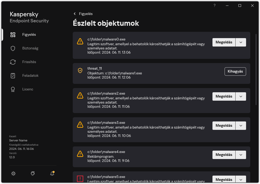 Egy ablak az észlelt objektumok listájával. Megjelenik az objektumra vonatkozó információ. A felhasználó feloldhatja vagy eltávolíthatja az objektumot.