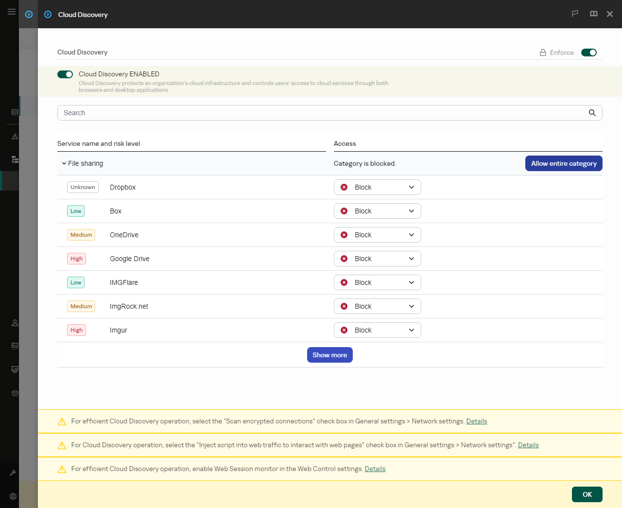 Cloud Discovery instellingen venster. De gebruiker kan gebruikerstoegang tot cloudservices configureren.