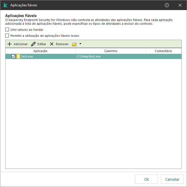 Uma janela com a lista de aplicações fiáveis. O utilizador pode adicionar, editar ou remover uma aplicação fiável.
