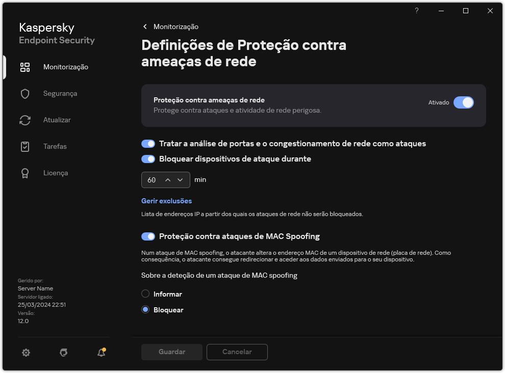 Janela de definições da Proteção contra ameaças de Rede