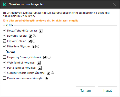 Önerilen koruma bileşenlerini etkinleştirme penceresi. Tüm koruma bileşenlerini etkinleştirebilir ve devre dışı bırakılmalarını önleyebilirsiniz.