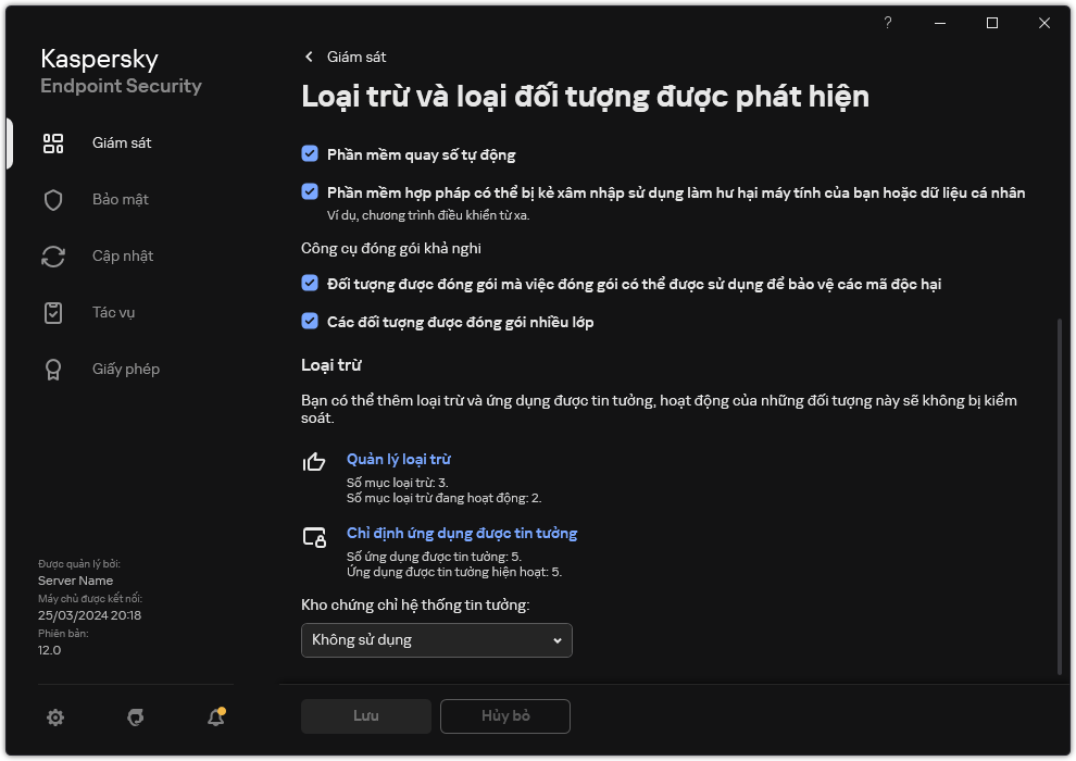 Cửa sổ thiết lập loại trừ. Người dùng có thể thêm các loại trừ và ứng dụng được tin tưởng.