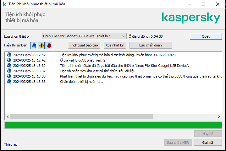 Một cửa sổ chứa danh sách các sự kiện tiện ích. Người dùng có thể chạy chẩn đoán và giải mã thiết bị đã chọn.