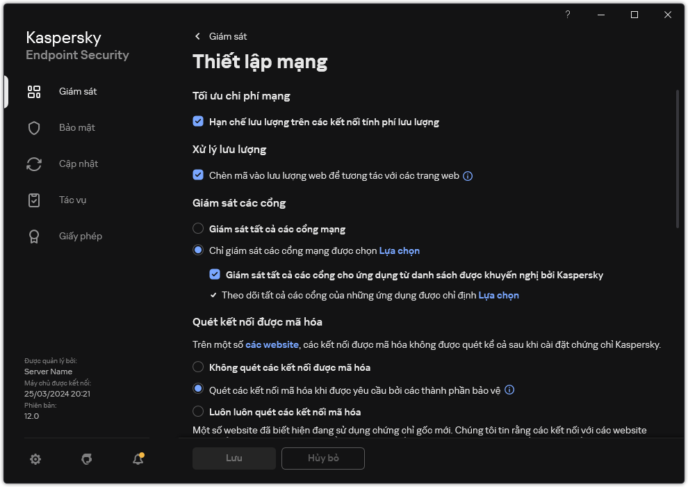 Cửa sổ thiết lập mạng ứng dụng.