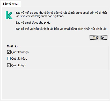 Cửa sổ Phần mở rộng của Kaspersky cho Outlook. Người dùng có thể cấu hình các thư cần quét khi nhận, đọc hoặc gửi.
