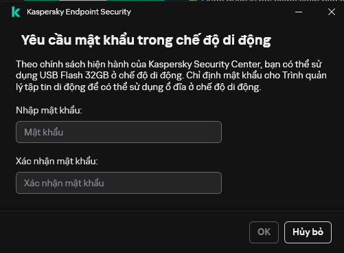 Cửa sổ chứa các trường để nhập và xác nhận mật khẩu.