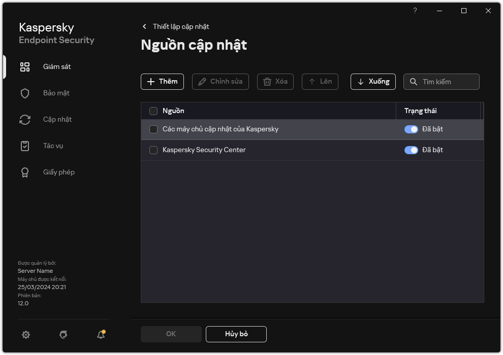Một cửa sổ chứa danh sách các nguồn cập nhật. Người dùng có thể thêm các nguồn cập nhật và chỉ định mức độ ưu tiên cho nguồn đó.