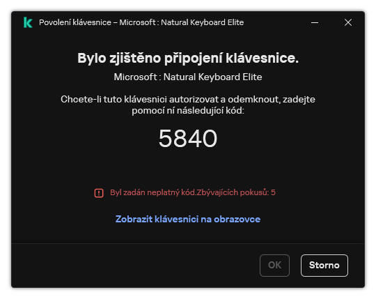 Okno s kódem pro autorizaci klávesnice. Uživatel může aktivovat klávesnici na obrazovce a zadat kód.