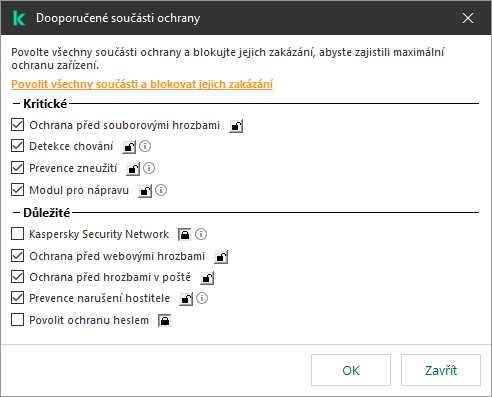 Okno pro povolení doporučených součástí ochrany. Můžete povolit všechny součásti ochrany a zabránit jejich zakázání.