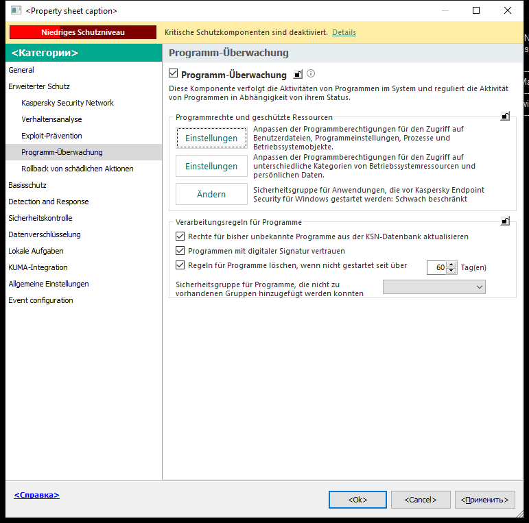 Fenster &bdquo;Einstellungen der Programm-Überwachung&ldquo;.