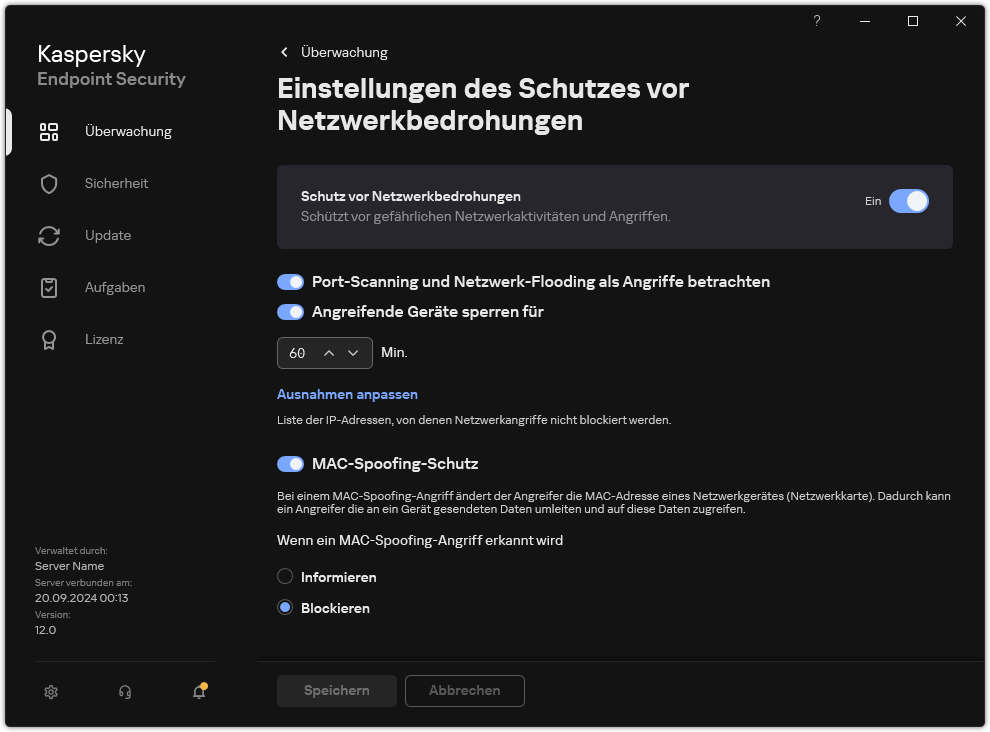Fenster mit den Einstellungen für &bdquo;Schutzes vor Netzwerkbedrohungen&ldquo;