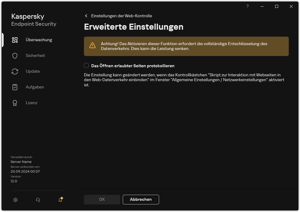 Fenster mit erweiterten Einstellungen der „Web-Kontrolle“.