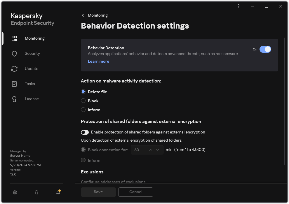 Behavior Detection settings window.