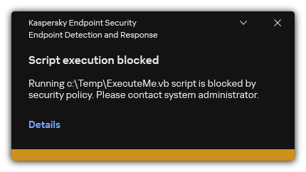 Notification about blocked script execution. The user can view detailed information about the rule.