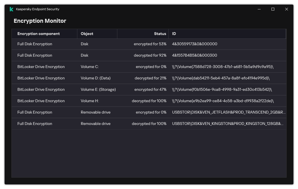 A window with the list of drives, on which the encryption is running. Encryption technology, status and drive ID are displayed.