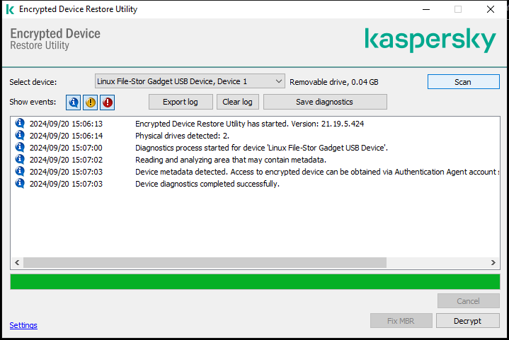 A window with the list of utility events. The user can run diagnostics and decrypt the selected device.