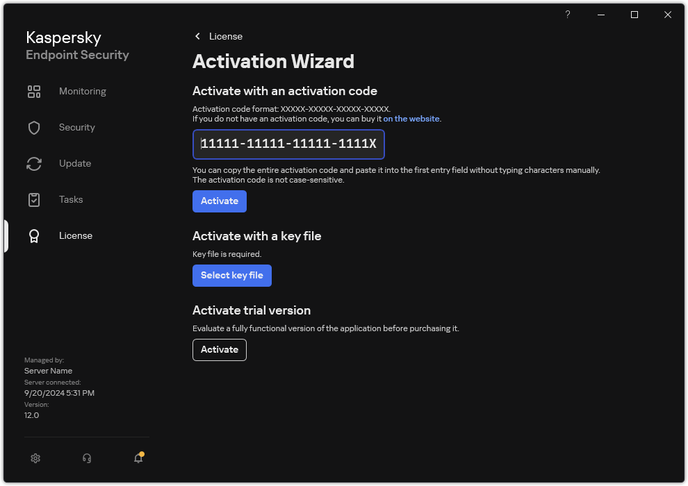 Window with the application activation tools. The user can enter an activation code or select a key file.