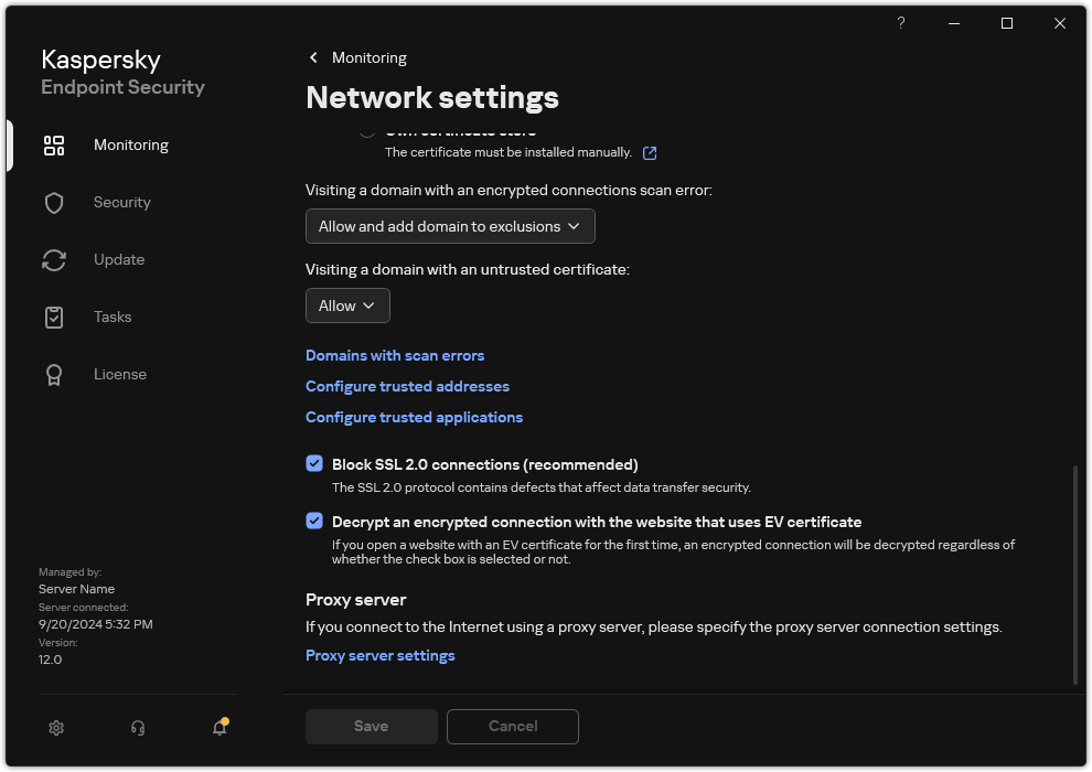 Application network settings window.