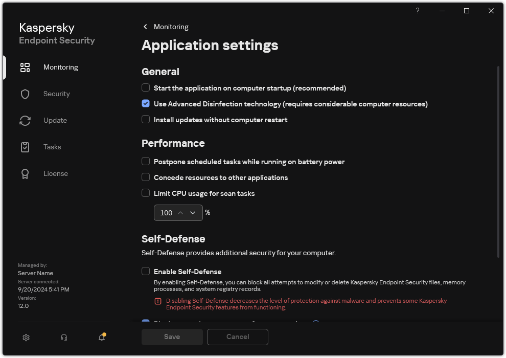 Application settings window. The user can configure performance, self-defense and other settings.