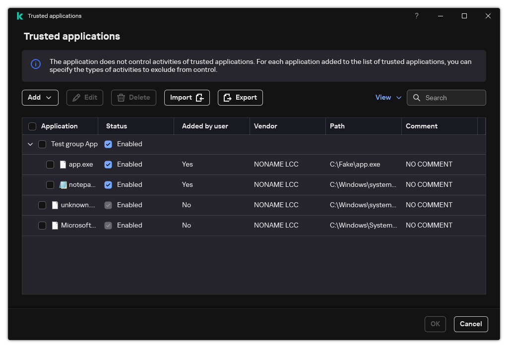 A window with the list of trusted applications. The user can add, edit or remove a trusted application.