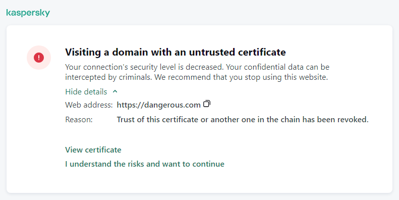 Kaspersky notification about visiting a domain with an untrusted certificate in the browser window. The user can continue working.