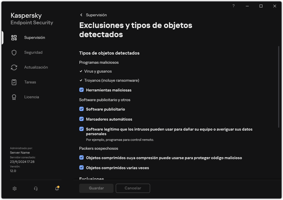 Ventana de configuración de exclusiones. El usuario puede seleccionar tipos de objetos detectados y añadir objetos a exclusiones.