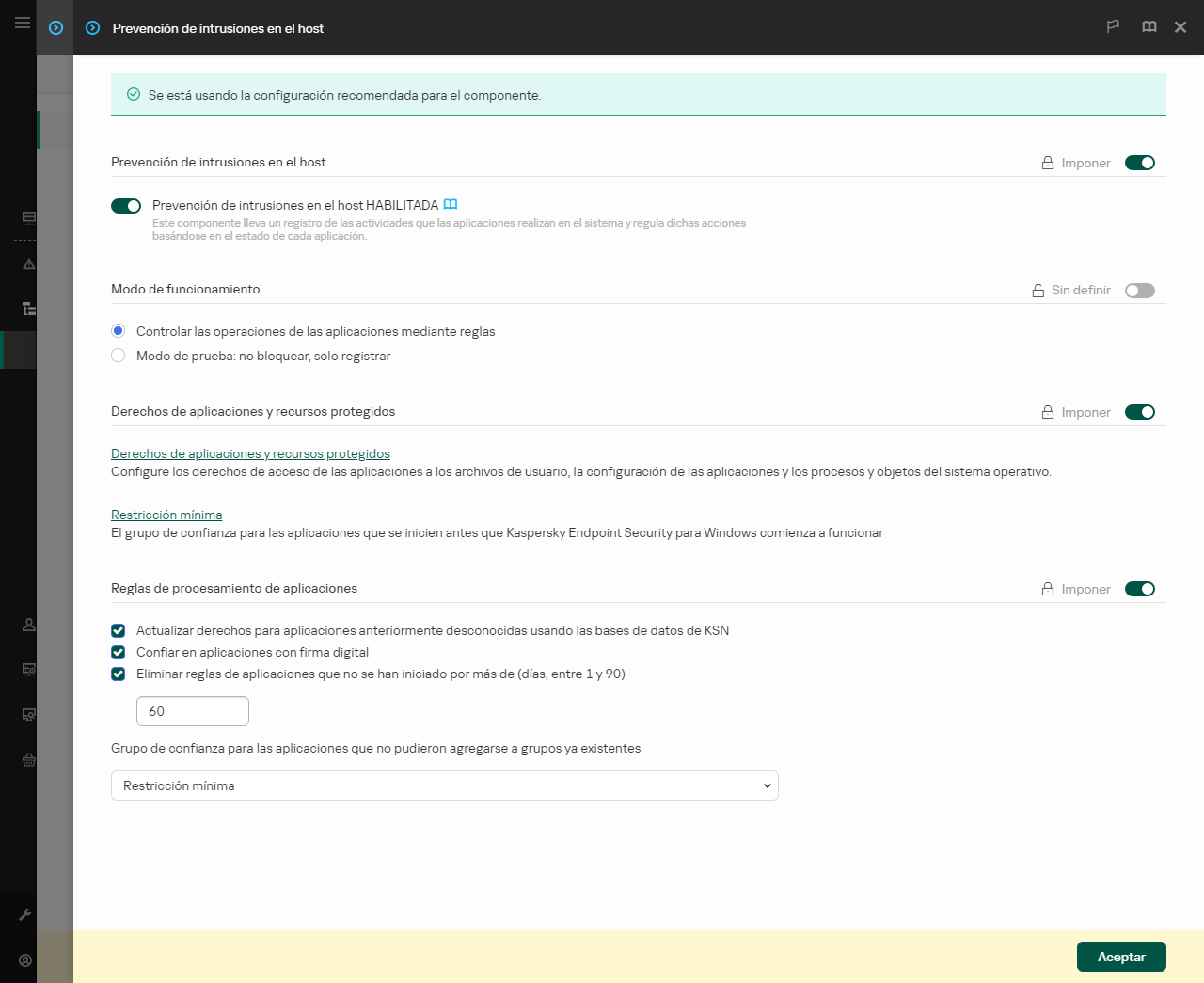 Ventana de Configuración de Prevención de intrusiones